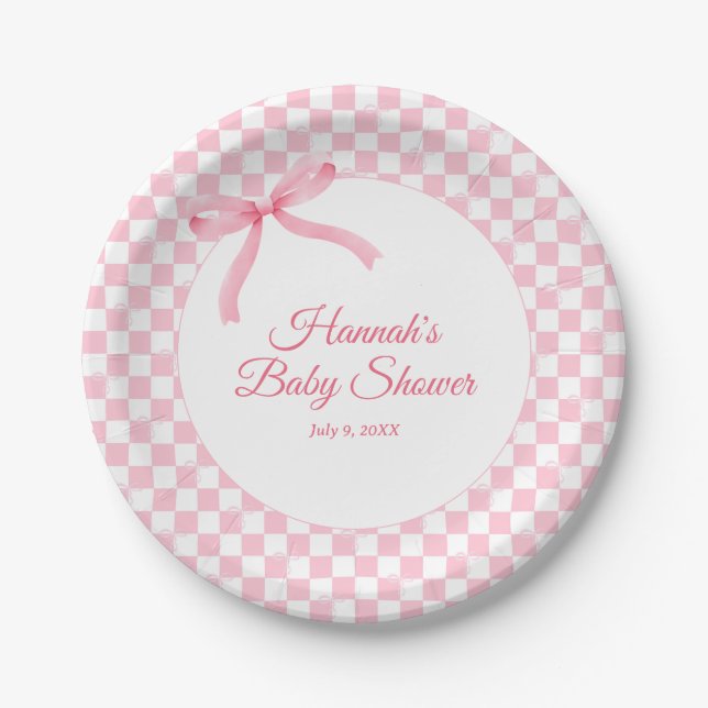 Modern Pink Bow Checkered Baby Shower Paper Plates (Front)