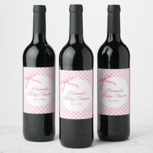 Modern Pink Bow Checkered Baby Shower Wine Labels