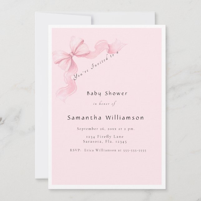 Modern Pink Bow Coquette Baby Shower Invitation (Front)