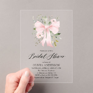 Modern Pink Bow Coquette Floral Bridal Shower Acrylic Invitations