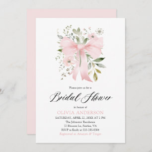 Modern Pink Bow Coquette Floral Bridal Shower Invitation