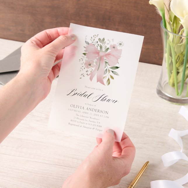 Modern Pink Bow Coquette Floral Bridal Shower Vellum Invitations (Handheld)