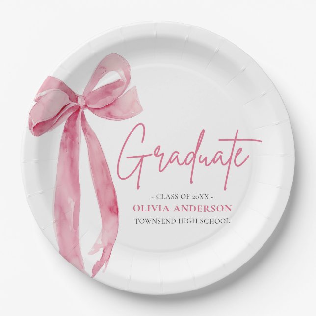 Modern Pink Bow Coquette Graduate Graduation Paper Plates (Front)