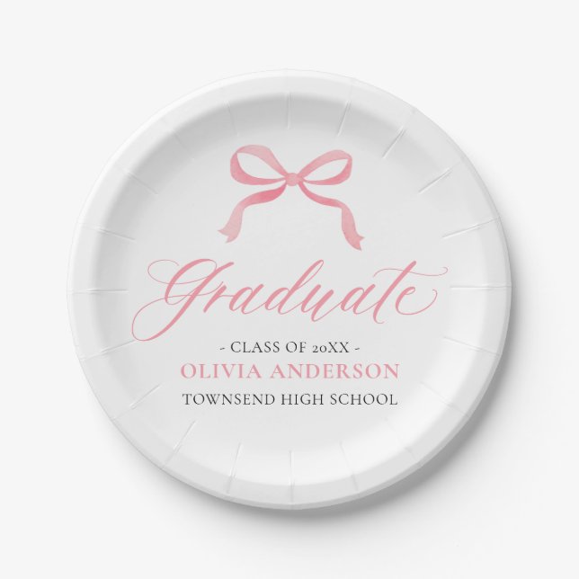 Modern Pink Bow Coquette Graduate Graduation Paper Plates (Front)
