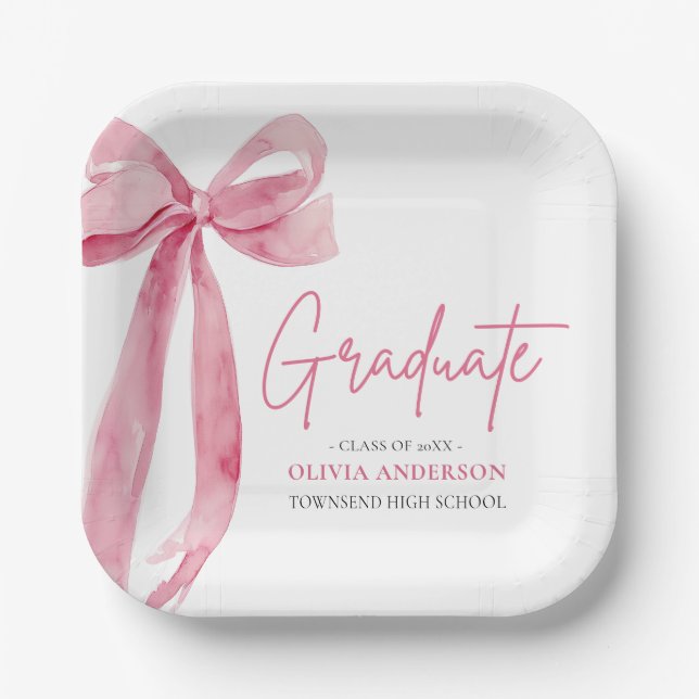 Modern Pink Bow Coquette Graduate Graduation Paper Plates (Front)