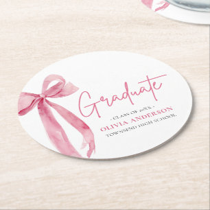 Modern Pink Bow Coquette Graduate Graduation Round Paper Coaster