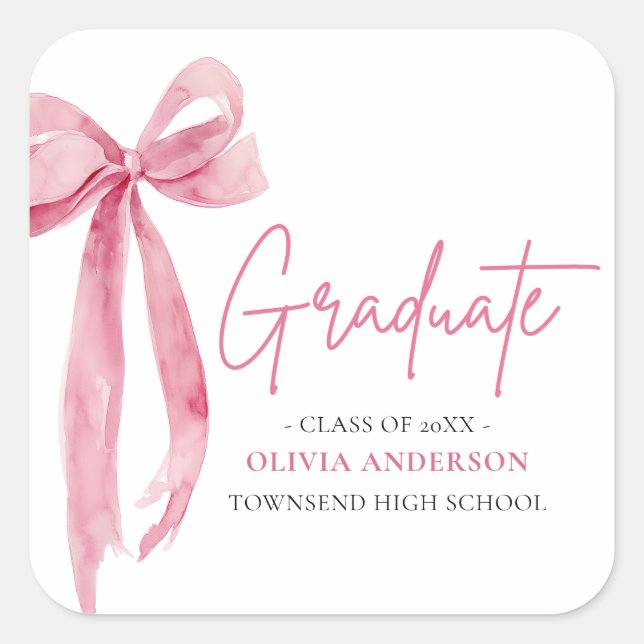 Modern Pink Bow Coquette Graduate Graduation Square Sticker (Front)