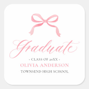 Modern Pink Bow Coquette Graduate Graduation Square Sticker