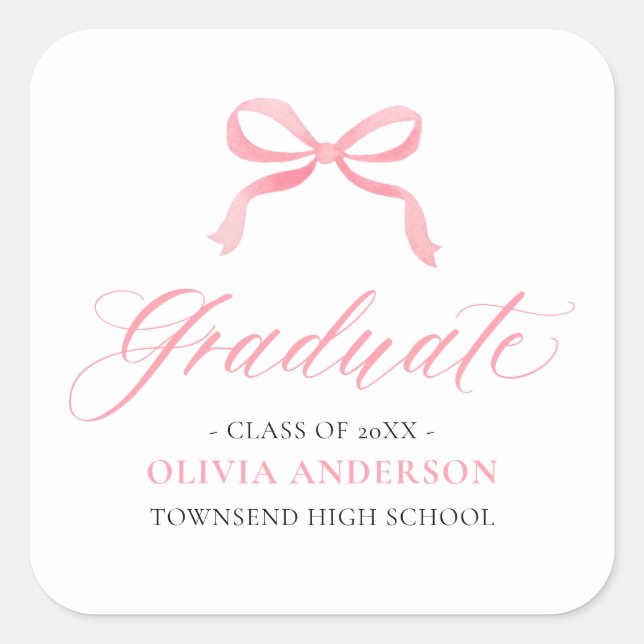 Modern Pink Bow Coquette Graduate Graduation Square Sticker (Front)