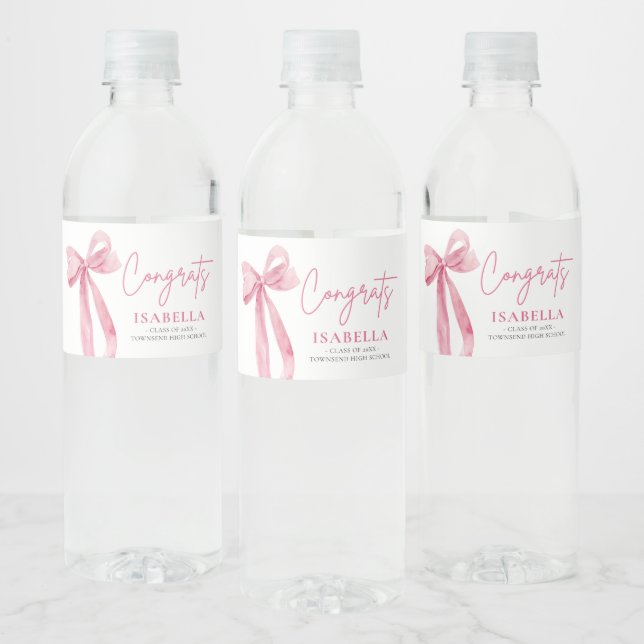 Modern Pink Bow Coquette Graduate Graduation Water Bottle Label (Bottles)