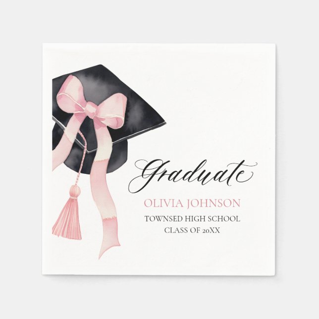 Modern Pink Bow Coquette Graduation Cap Graduate Napkins (Front)