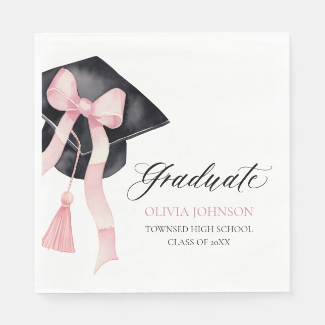Modern Pink Bow Coquette Graduation Cap Graduate Napkins (Front)