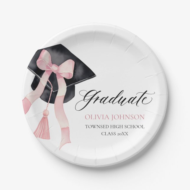 Modern Pink Bow Coquette Graduation Cap Graduate Paper Plates (Front)