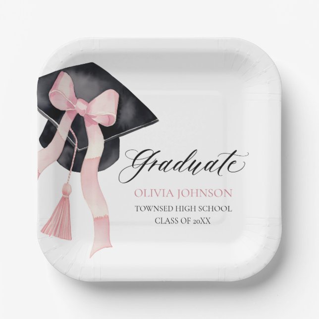 Modern Pink Bow Coquette Graduation Cap Graduate Paper Plates (Front)
