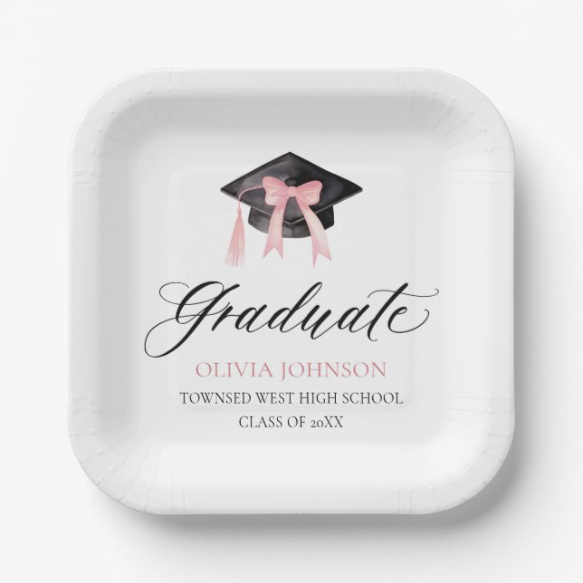 Modern Pink Bow Coquette Graduation Cap Graduate Paper Plates (Front)