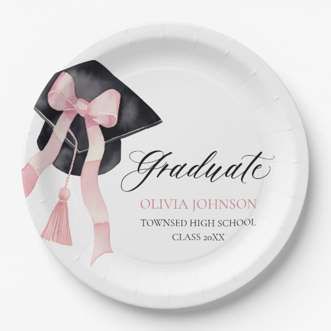 Modern Pink Bow Coquette Graduation Cap Graduate Paper Plates (Front)
