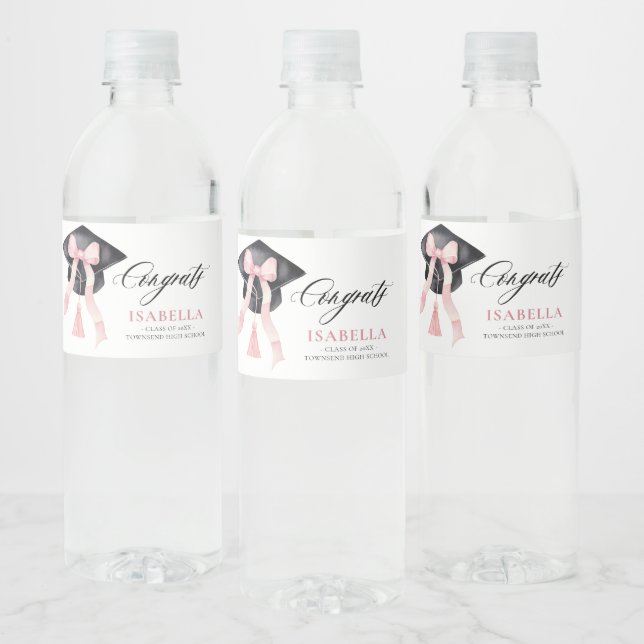 Modern Pink Bow Coquette Graduation Cap Water Bottle Label (Bottles)