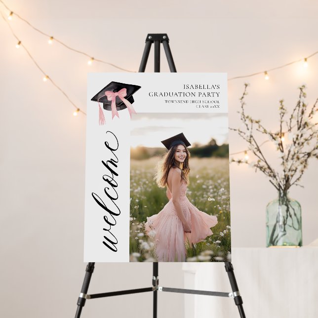 Modern Pink Bow Coquette Graduation Cap Welcome Foam Board (In Situ (Stand))