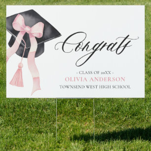 Modern Pink Bow Coquette Graduation Congrats Yard Sign