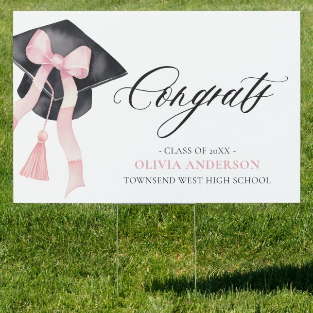 Modern Pink Bow Coquette Graduation Congrats Yard Sign (Insitu)