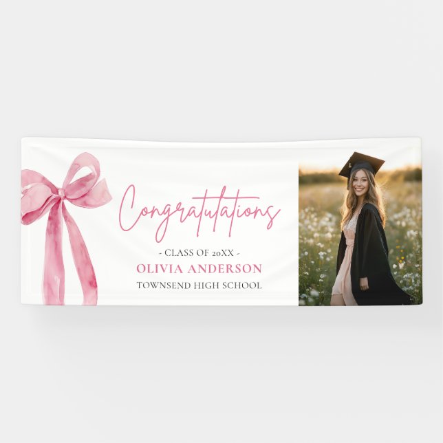 Modern Pink Bow Coquette Graduation Congratulation Banner (Horizontal)