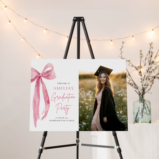 Modern Pink Bow Coquette Graduation Party Welcome Foam Board (In Situ (Stand))