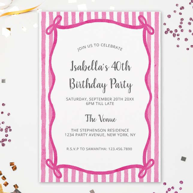 Modern Pink Bow Doodle Frame Birthday Invitation (Creator Uploaded)