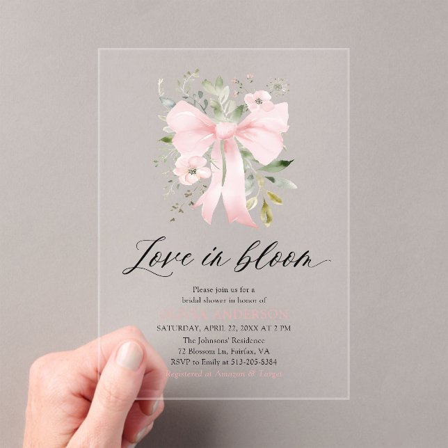Modern Pink Bow Floral Love in Bloom Bridal Shower Acrylic Invitations (Insitu (Handheld))