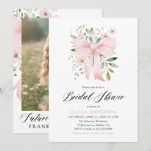 Modern Pink Bow Floral Love in Bloom Bridal Shower Invitation (Front/Back)