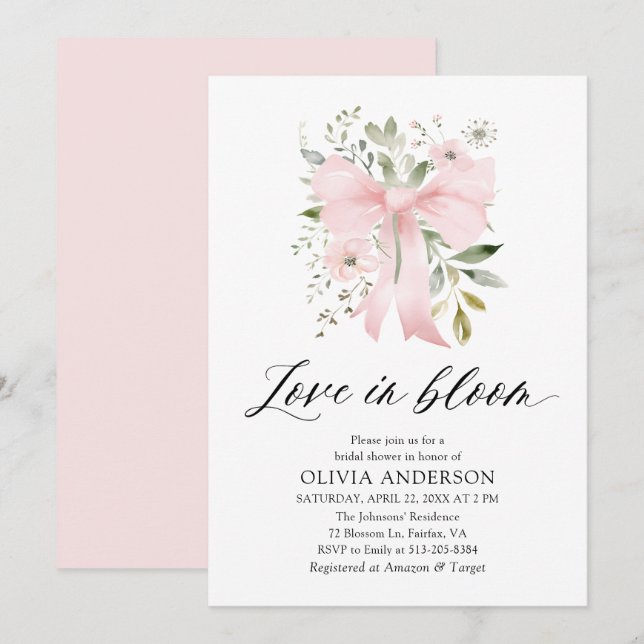 Modern Pink Bow Floral Love in Bloom Bridal Shower Invitation (Front/Back)