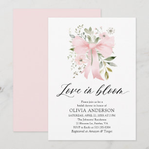 Modern Pink Bow Floral Love in Bloom Bridal Shower Invitation