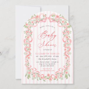 Modern Pink Bow Floral Roses Arch Baby Shower Invitation