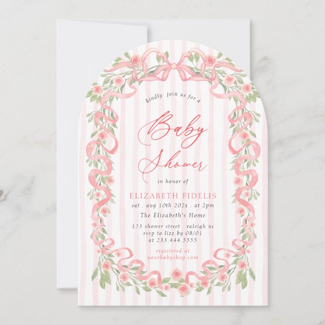 Modern Pink Bow Floral Roses Arch Baby Shower Invitation (Front)