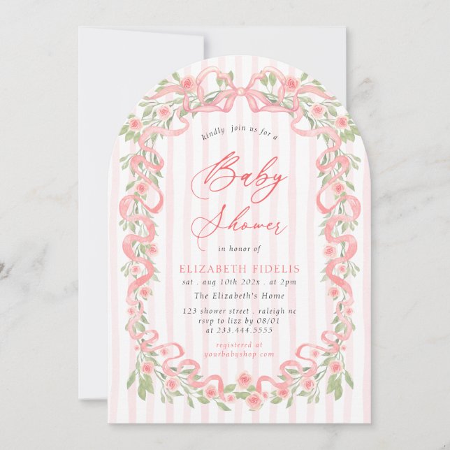 Modern Pink Bow Floral Roses Baby Shower Invitation (Front)