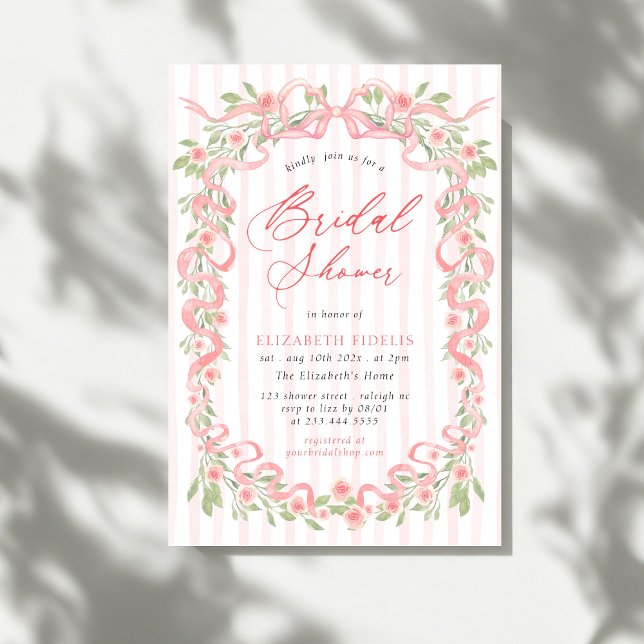 Modern Pink Bow Floral Roses Bridal Shower Invitation (Creator Uploaded)