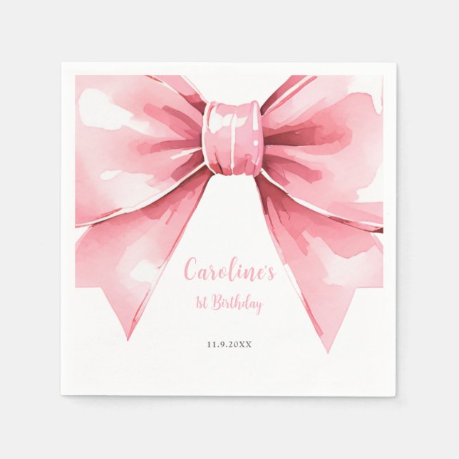 Modern Pink Bow Girl First Birthday Napkins (Front)
