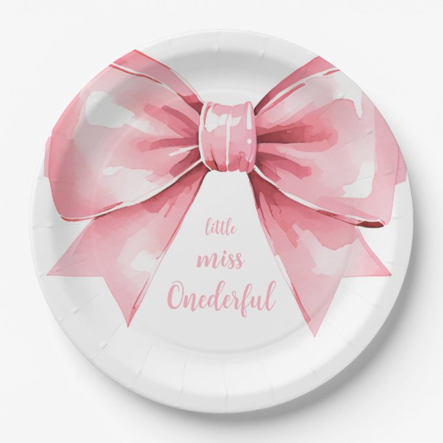 Modern Pink Bow Girl First Birthday Paper Plates (Front)