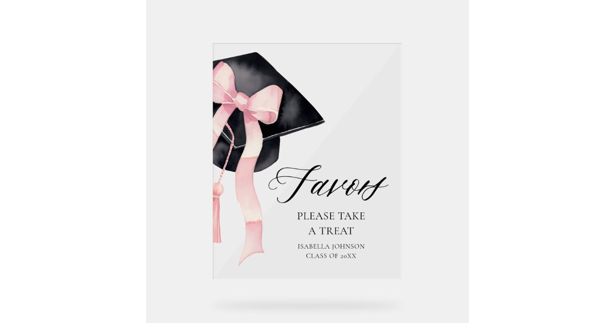 Modern Pink Bow Gradation Cap Graduate Favors Acrylic Sign | Zazzle