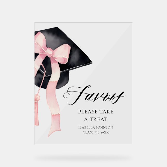 Modern Pink Bow Gradation Cap Graduate Favors Acrylic Sign (Front)