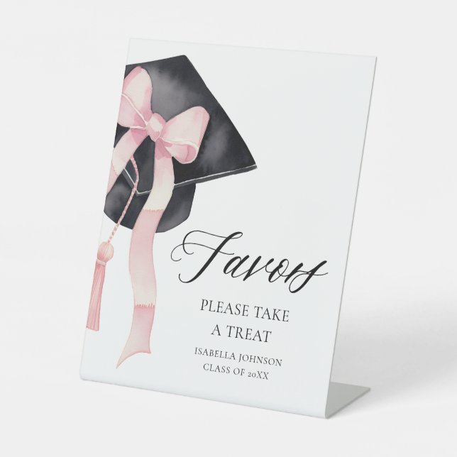 Modern Pink Bow Gradation Cap Graduate Favors Pedestal Sign (Front)