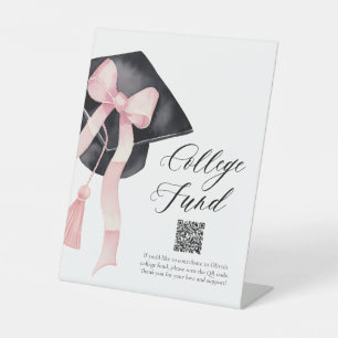 Modern Pink Bow Gradation Cap QR Code College Fund Pedestal Sign