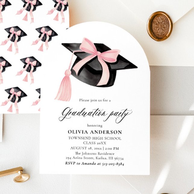 Modern Pink Bow Graduation Cap Graduation Arched  Invitation (Creator Uploaded)