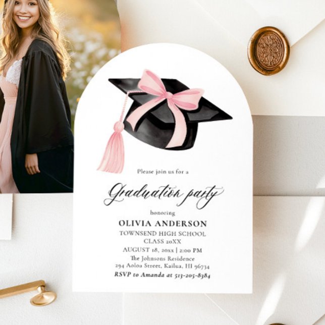 Modern Pink Bow Graduation Cap Graduation Arched  Invitation (Creator Uploaded)