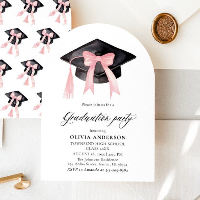 Modern Pink Bow Graduation Cap Graduation Arched Invitation (Creator Uploaded)