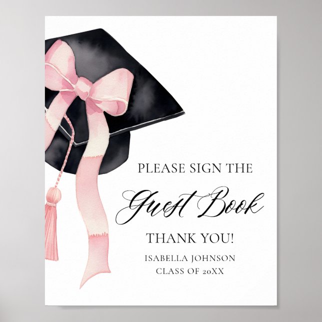 Modern Pink Bow Graduation Party Guest Book Sign (Front)