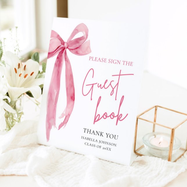 Modern Pink Bow Graduation Party Guest Book Sign (Creator Uploaded)
