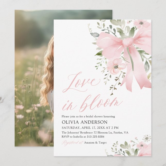 Modern Pink Bow Love in Bloom Floral Bridal Shower Invitation (Front/Back)