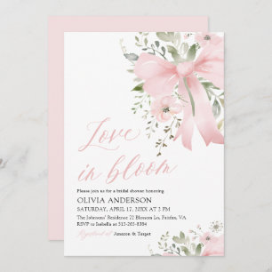 Modern Pink Bow Love in Bloom Floral Bridal Shower Invitation
