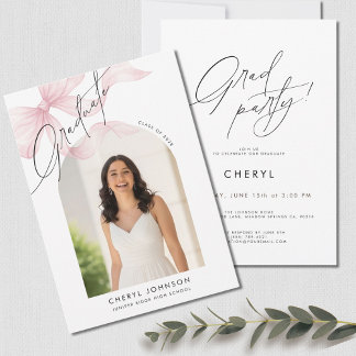 Modern Pink Bow Photo Graduation Party Invitation