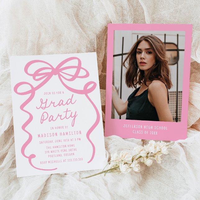 Modern Pink Bow Photo Graduation Party Invitation (Creator Uploaded)